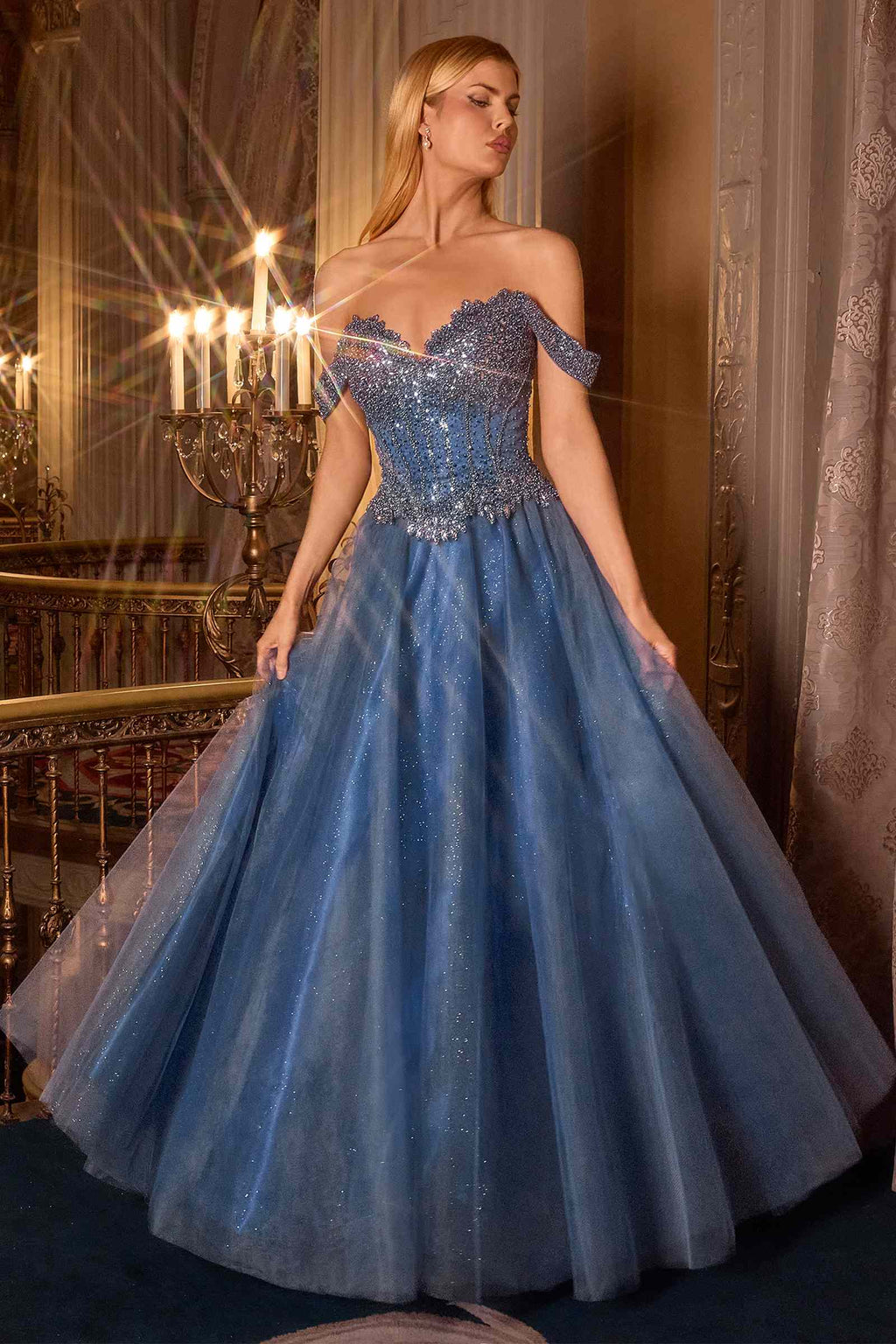 Blue glitter off-shoulder corset bodice A-line ball gown with tulle skirt