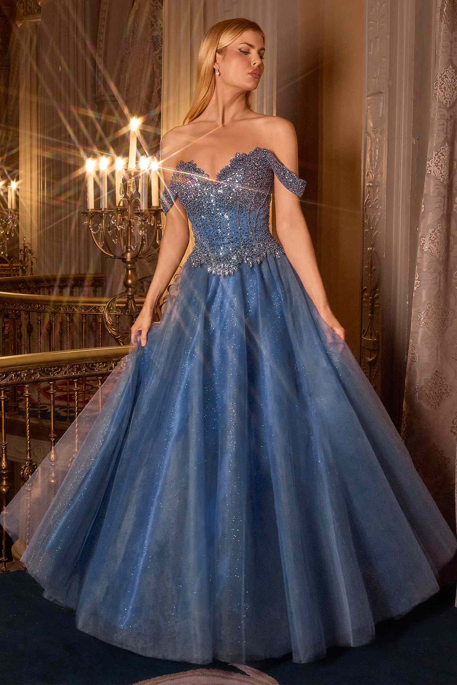 Blue glitter off-shoulder corset bodice A-line ball gown with tulle skirt