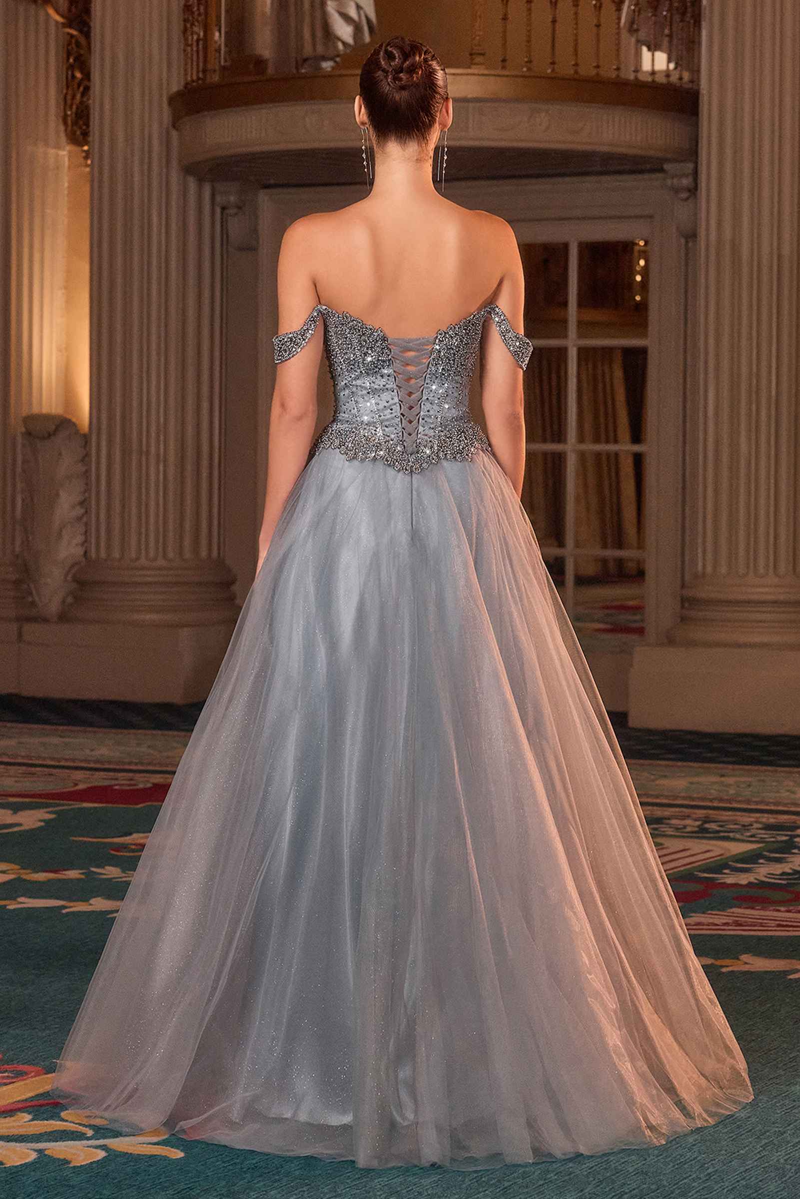 Smokey blue glitter off-shoulder corset bodice ball gown, rear view