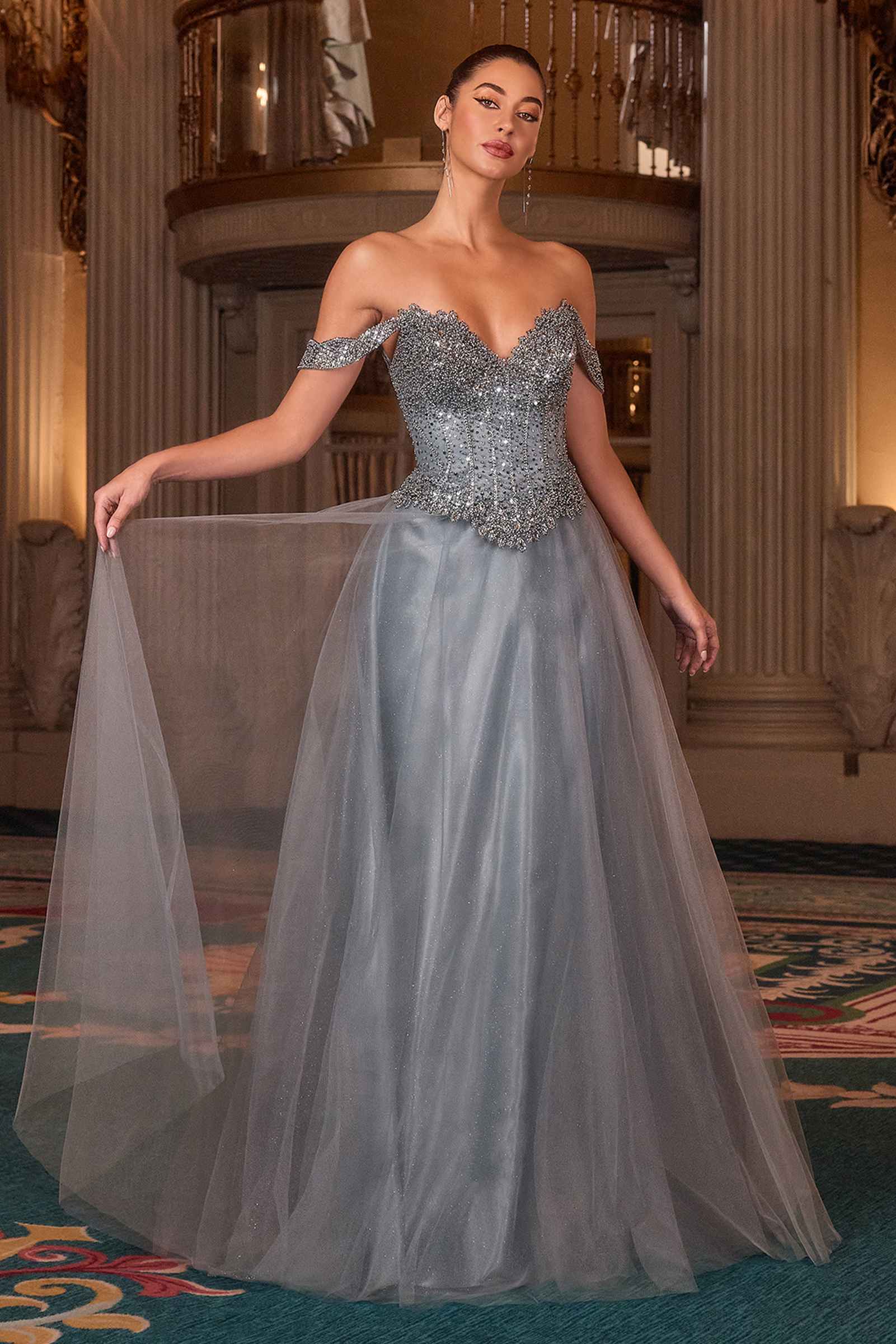 Smokey blue glitter off-shoulder corset ball gown with flowy tulle skirt