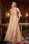 Shimmering gold A-line gown with plunging V-neckline and spaghetti straps, side view