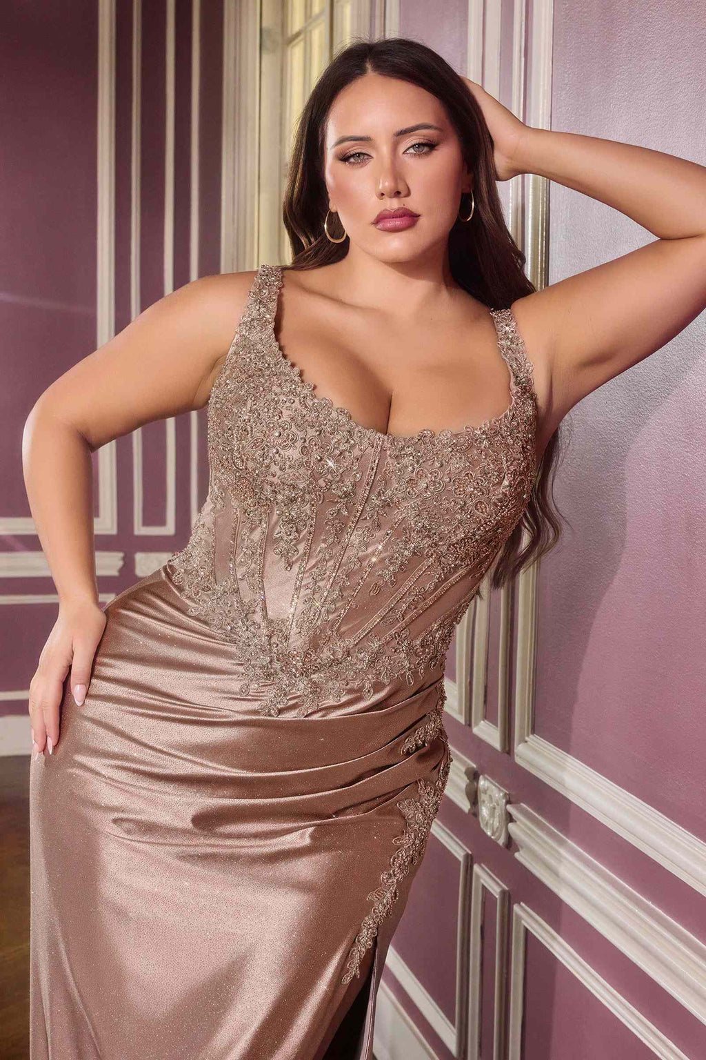 Fitted prom gown in champagne gold with beaded lace bodice and slit