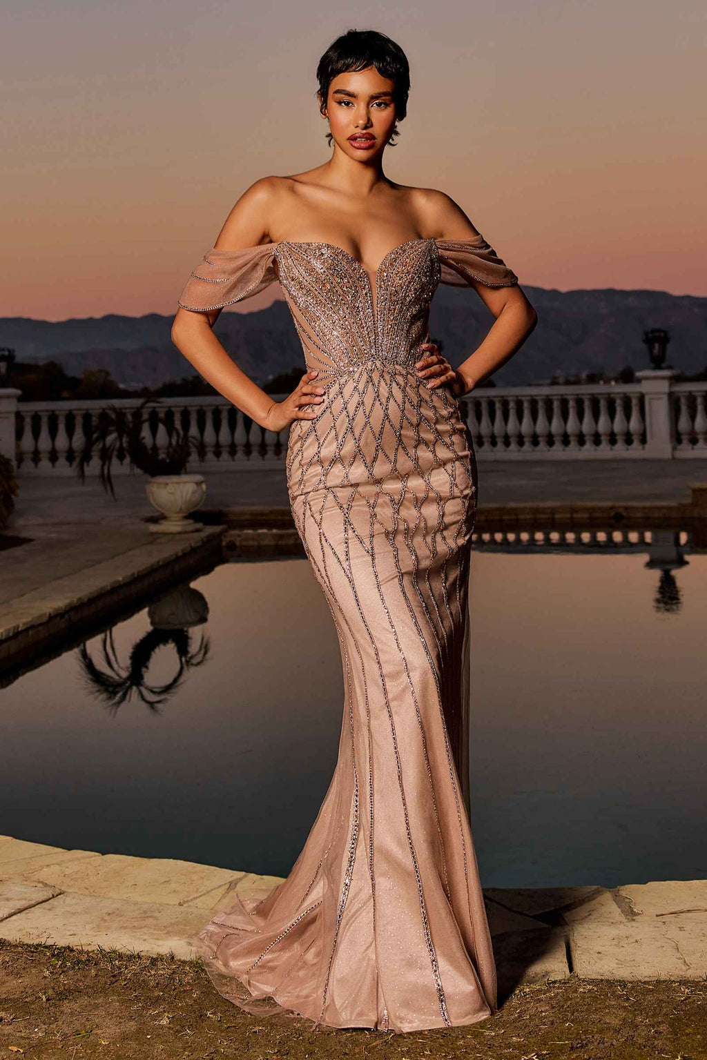 Nude pink off-shoulder mermaid prom dress with beaded diamond net and draped sleeves