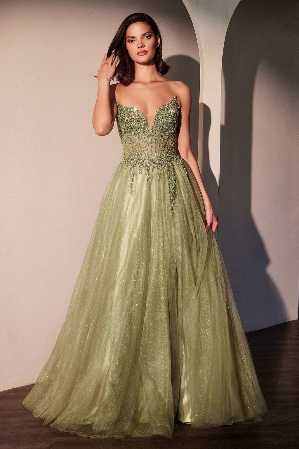 Strapless A-line gown with layered tulle skirt, sparkle bodice, sage green