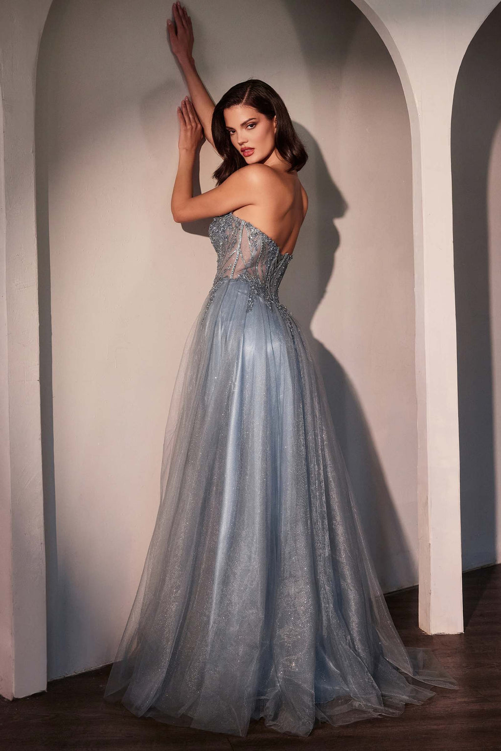 Strapless A-line gown with layered tulle skirt, sparkle bodice, powder blue