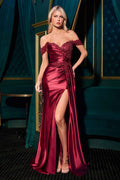 Burgundy satin off-shoulder fitted gown with sweetheart neckline and ruched bodice, thigh slit