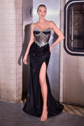 Black strapless corset gown with jeweled bodice, fitted silhouette, and high slit
