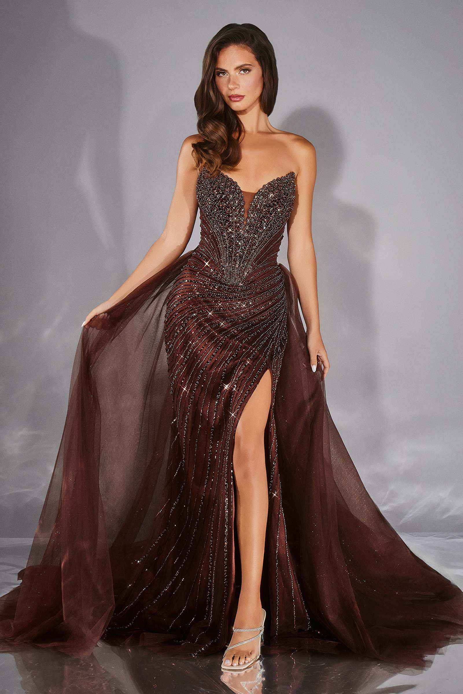 Beaded fitted gown with thigh-high slit and dark detachable tulle overskirt