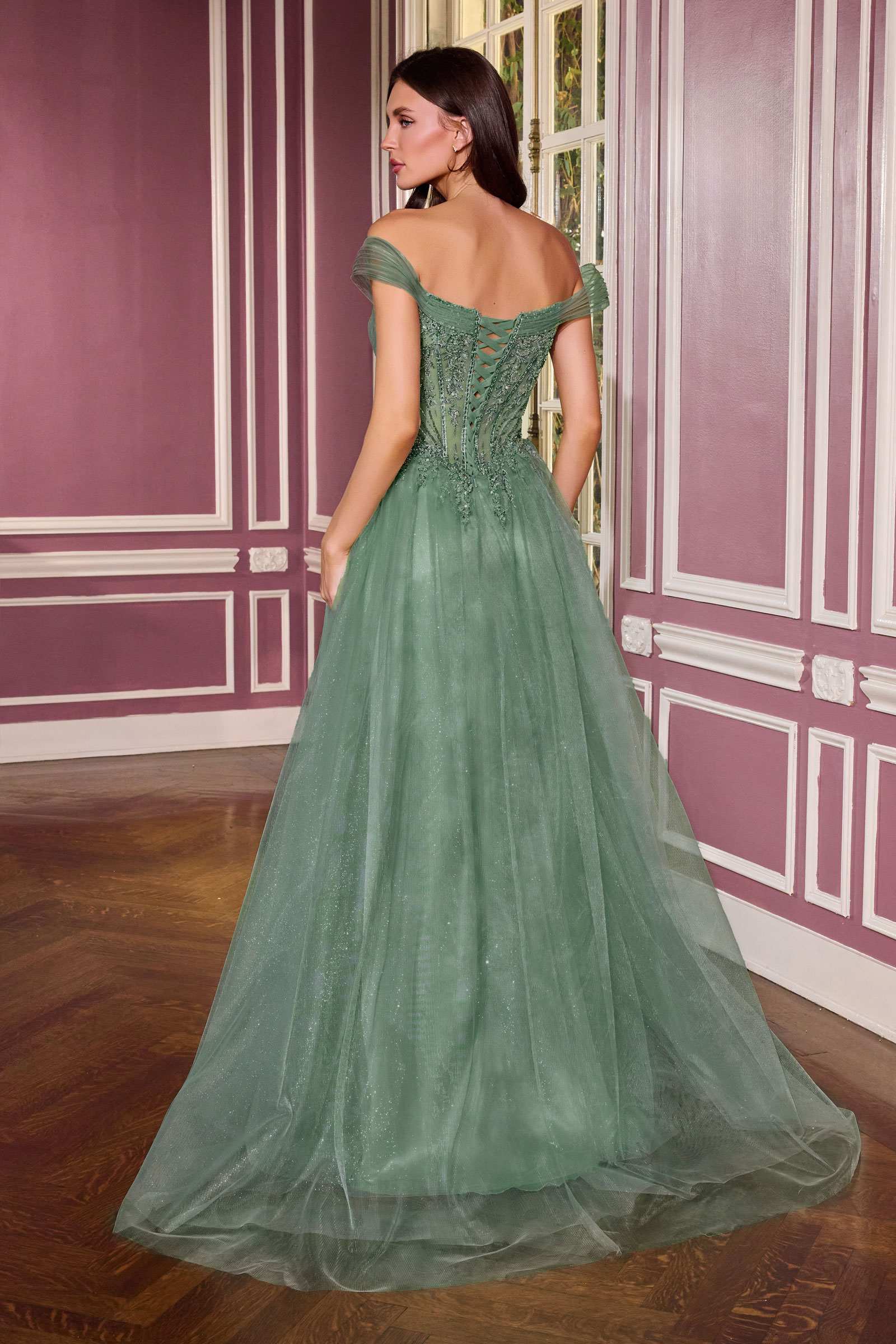 Dark sage green off-shoulder tulle ball gown with beaded corset bodice and full A-line skirt