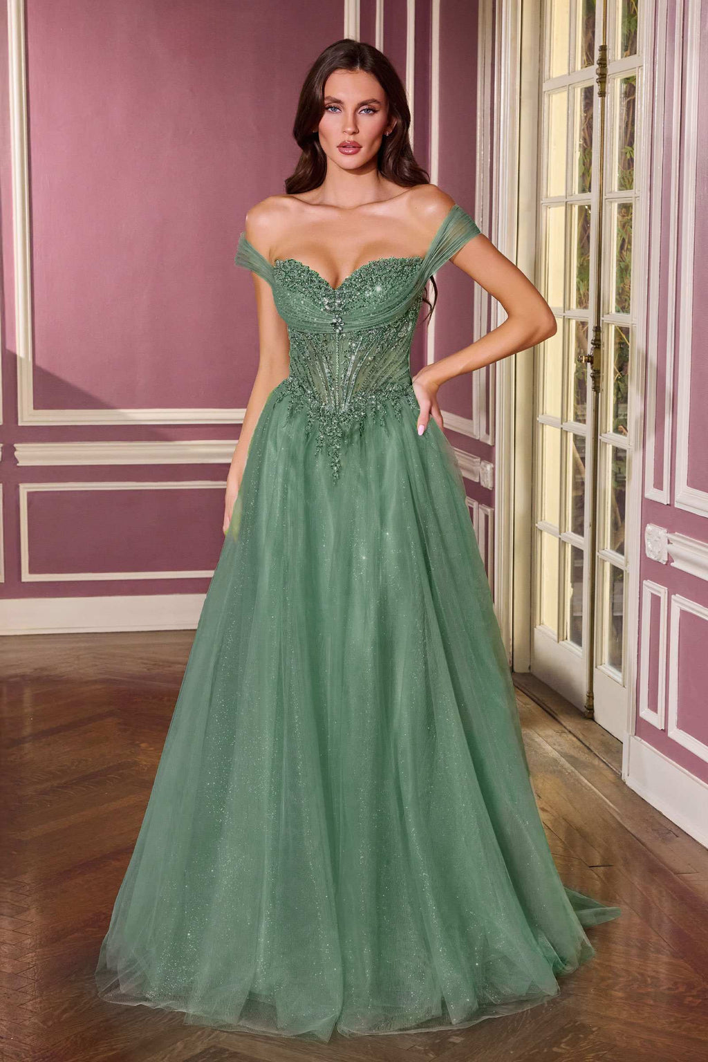 Dark sage green off-shoulder tulle ball gown with embellished sweetheart bodice and full skirt