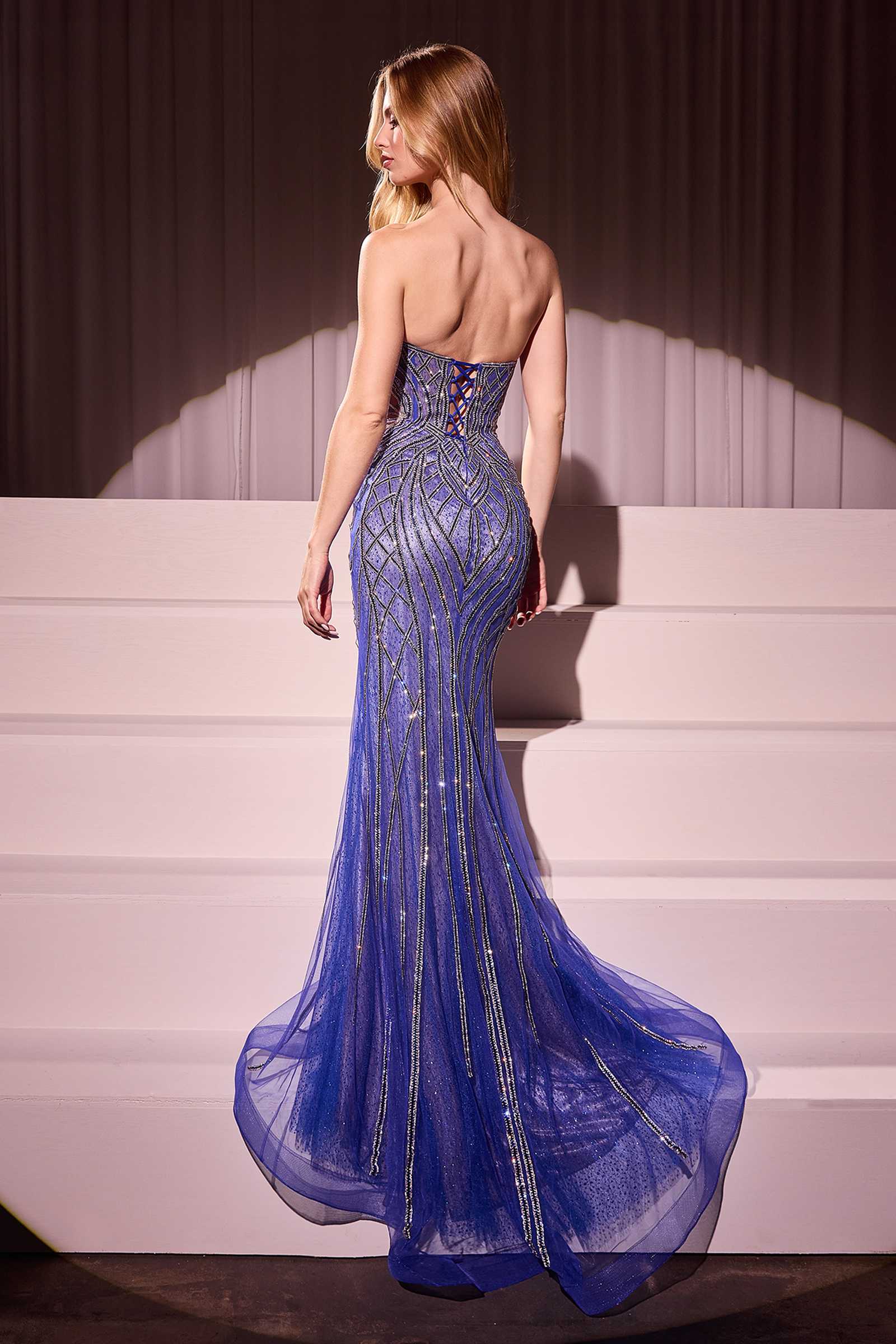Blue strapless mermaid rhinestone gown, fitted bodice and flared beaded skirt