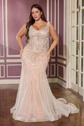 Plus size mermaid gown with scoop neckline, silver sequin scroll motifs, nude tulle hem