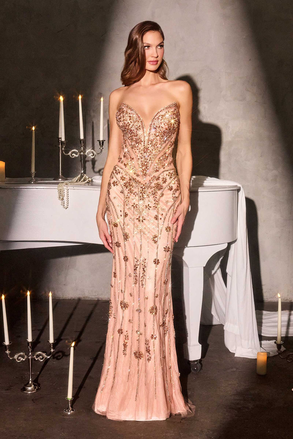 Rose gold crystal fitted gown with sweetheart neckline, column skirt