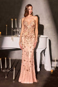 Rose gold crystal fitted gown with sweetheart neckline, column skirt