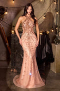 Rose gold beaded halter fitted gown with sleeveless neckline and mermaid hem