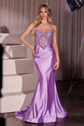 Lavender fitted satin gown with crystal beaded corset bodice, sweetheart neckline