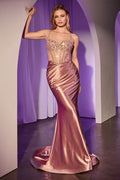 Fitted rose gold satin gown with beaded bodice and mermaid-style skirt