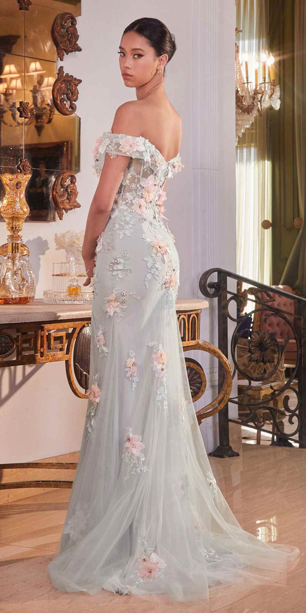 Mist off-shoulder floral applique evening gown with side slit, fitted silhouette