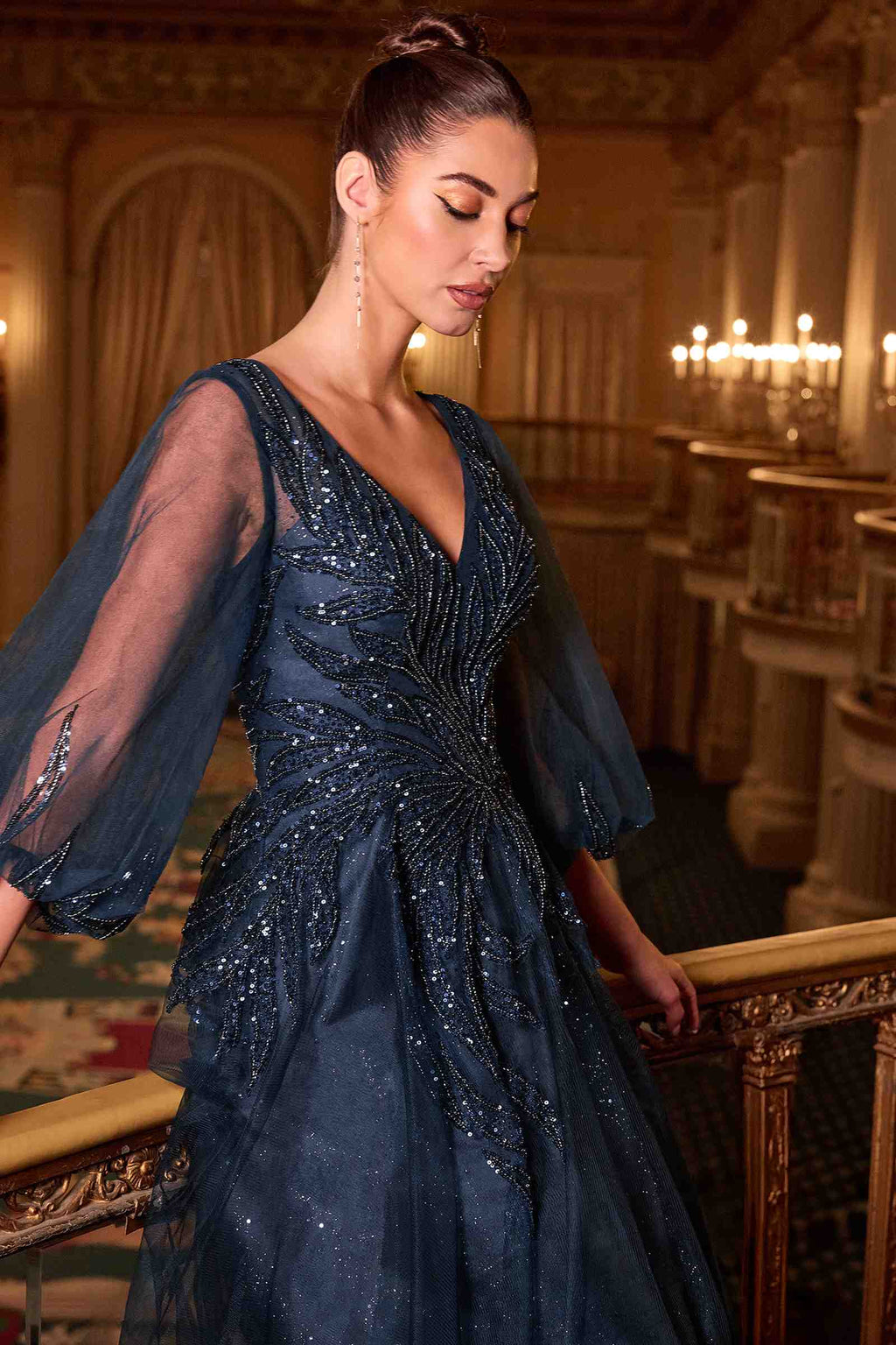 Navy blue V-neck embellished bodice gown with layered tulle skirt and sheer sleeves