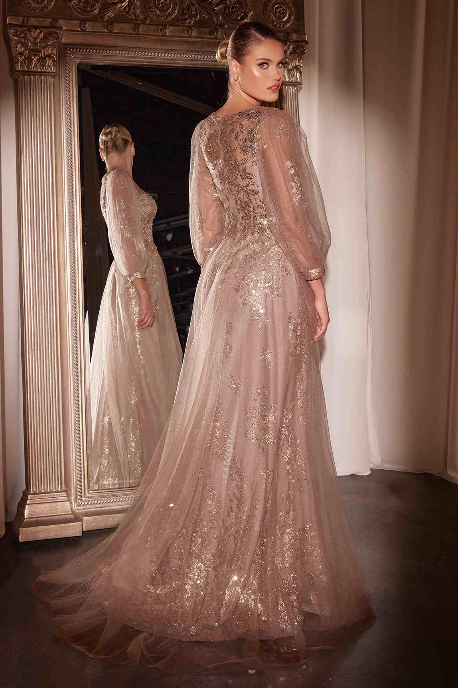 Rose-gold sequined long sleeve A-line tulle gown with sheer sleeves