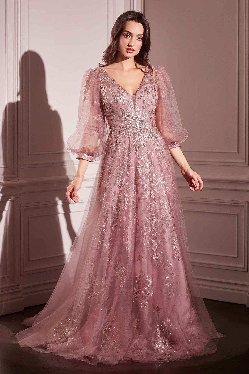 Dusty rose long sleeve A-line tulle gown with sequined bodice and sheer sleeves