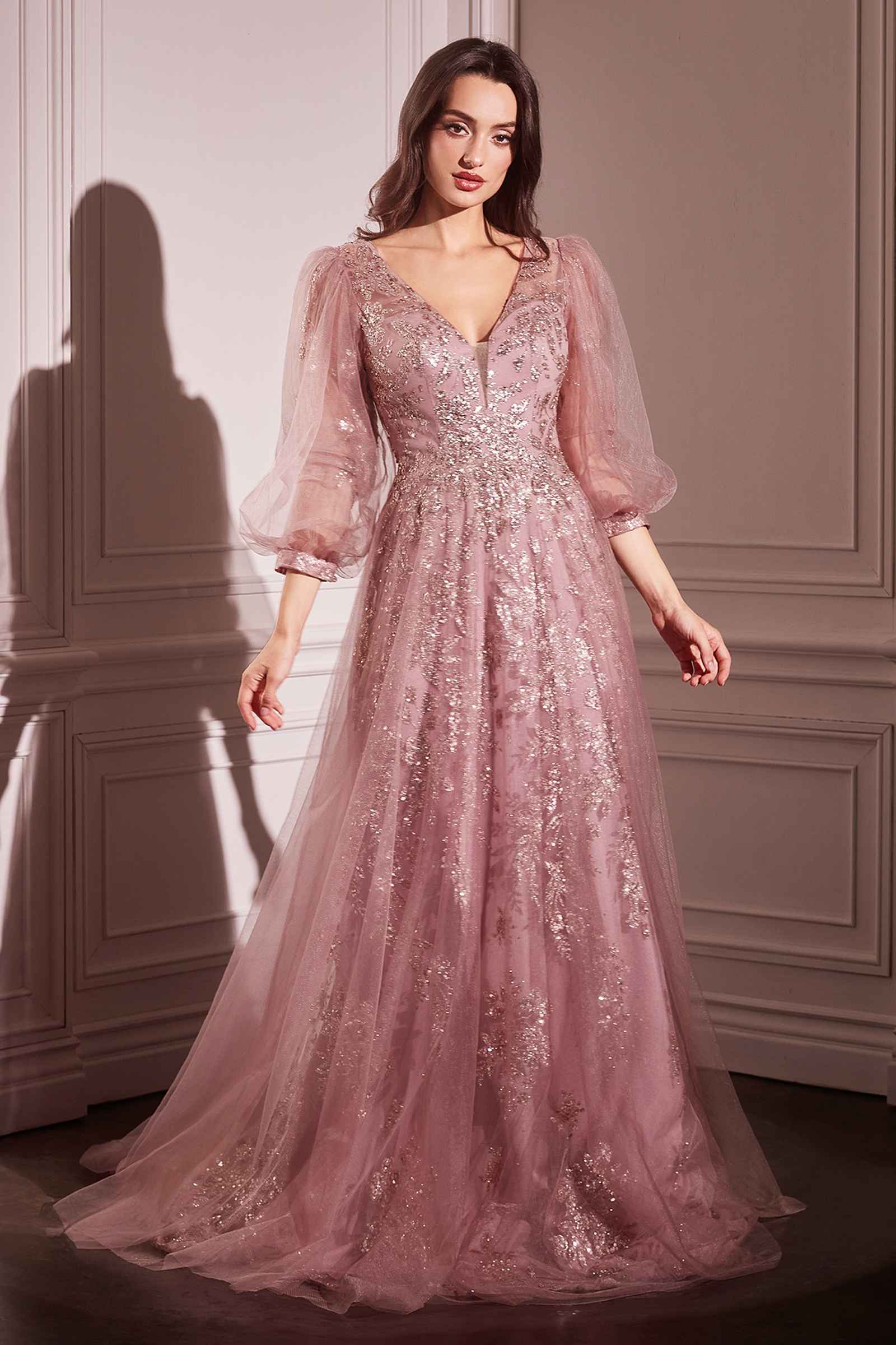 Dusty rose long sleeve A-line tulle gown with sequined bodice and sheer sleeves