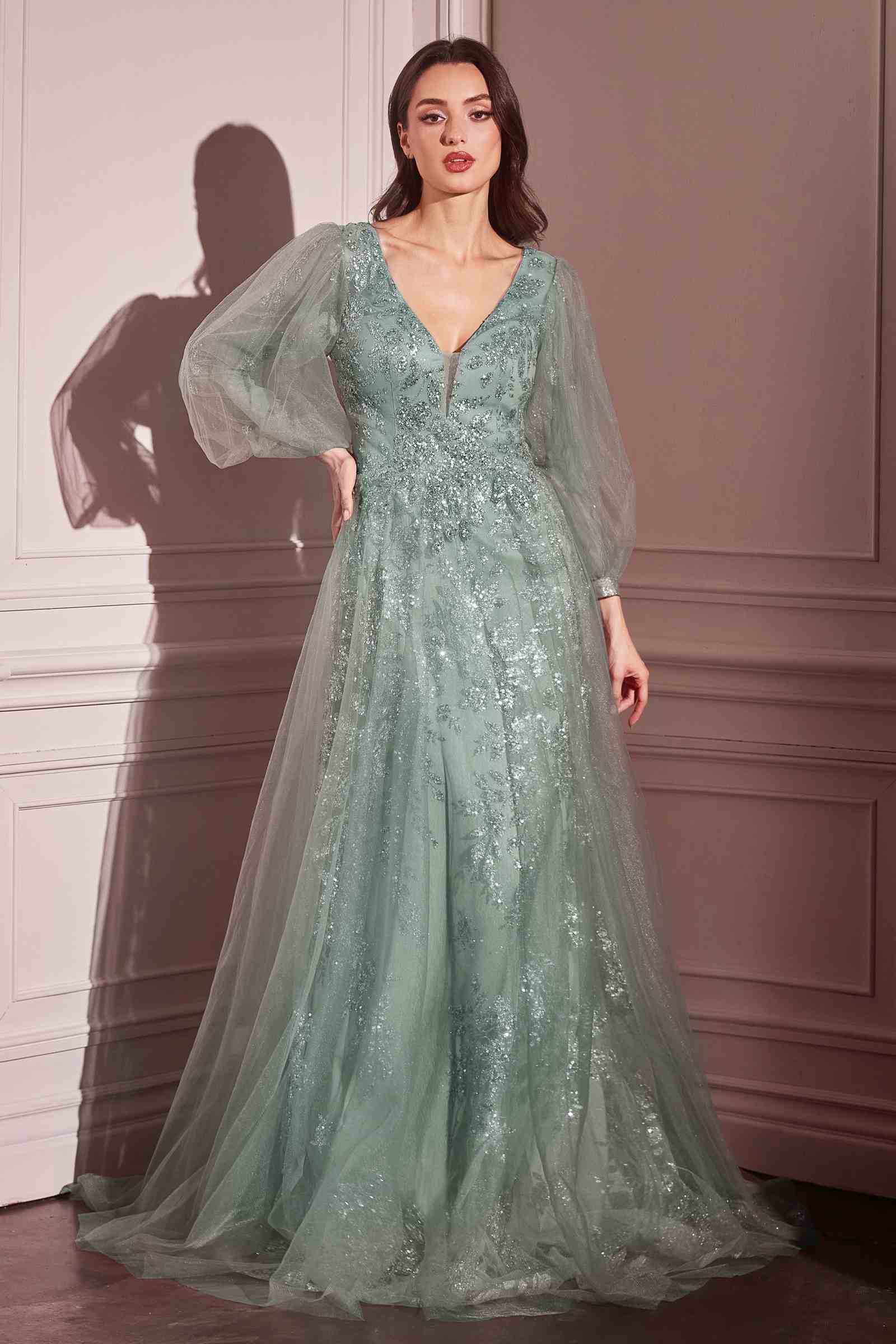 Long sleeve sage green A-line tulle gown with sequined bodice and sheer sleeves