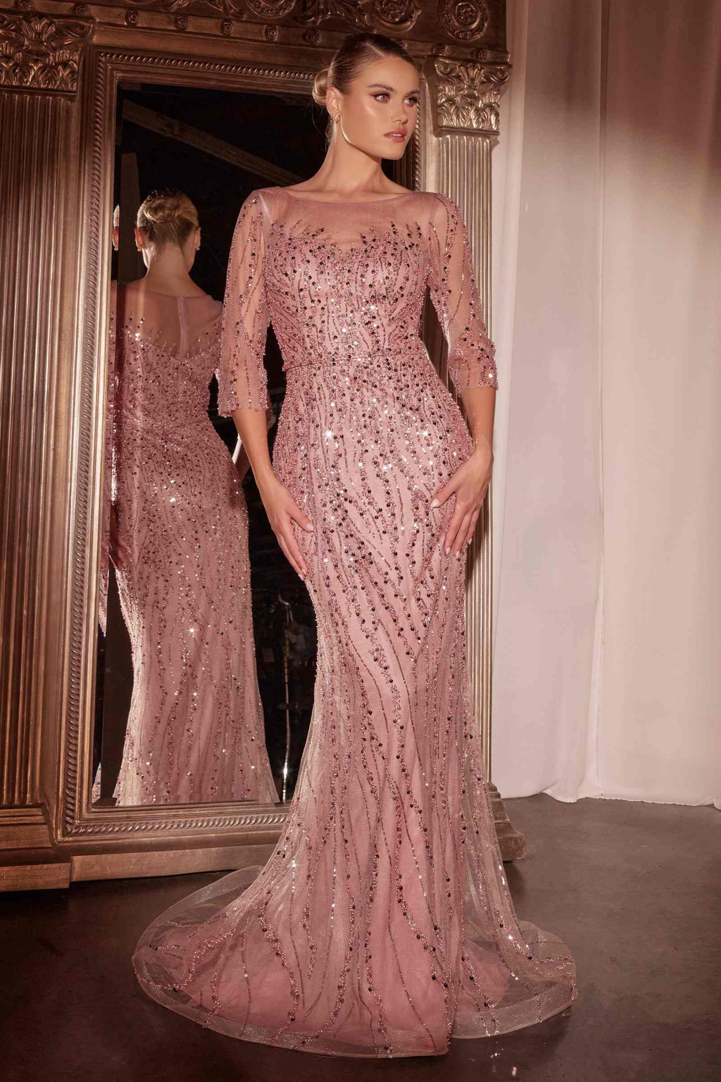 Dusty rose sequin mermaid gown with 3/4 sleeves and sweeping fishtail hem