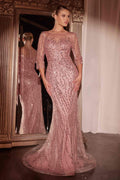 Dusty rose sequin mermaid gown with 3/4 sleeves and sweeping fishtail hem