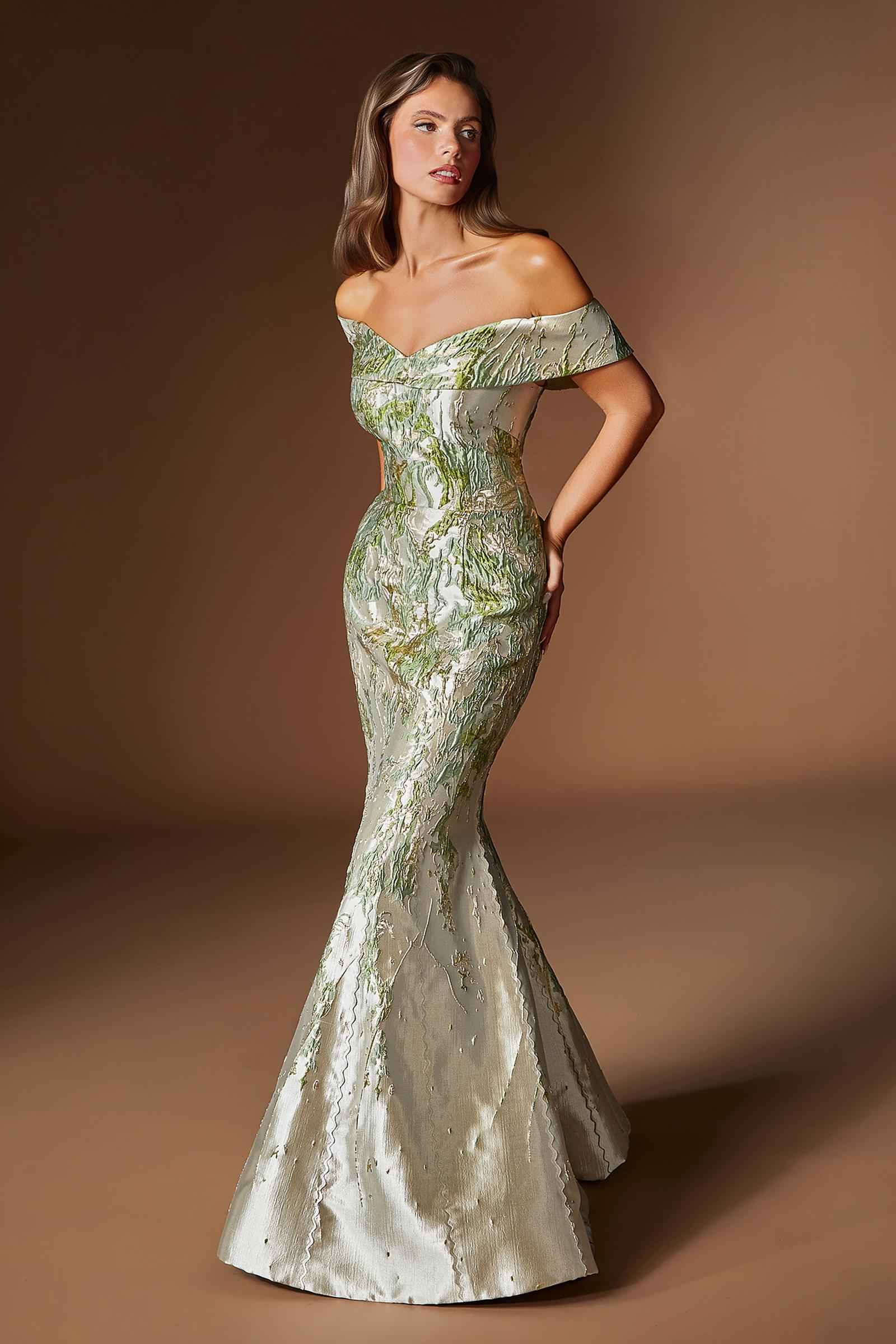 Metallic jacquard off-shoulder mermaid gown, fitted waist, green metallic sheen