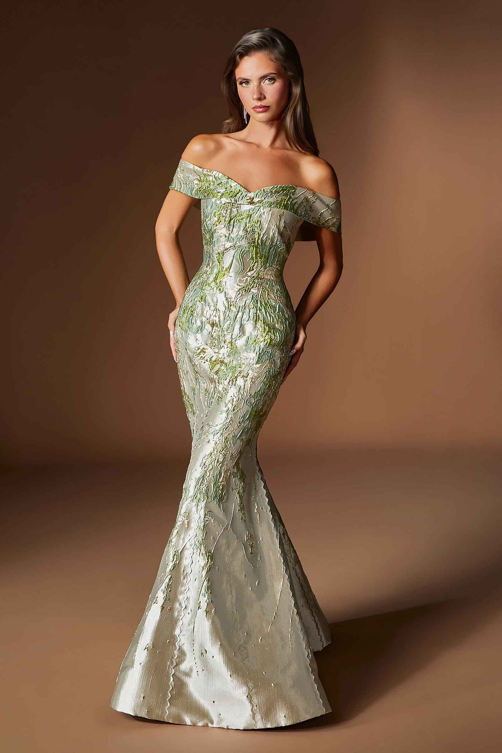 Metallic jacquard off-shoulder mermaid gown, fitted silhouette, green shimmer