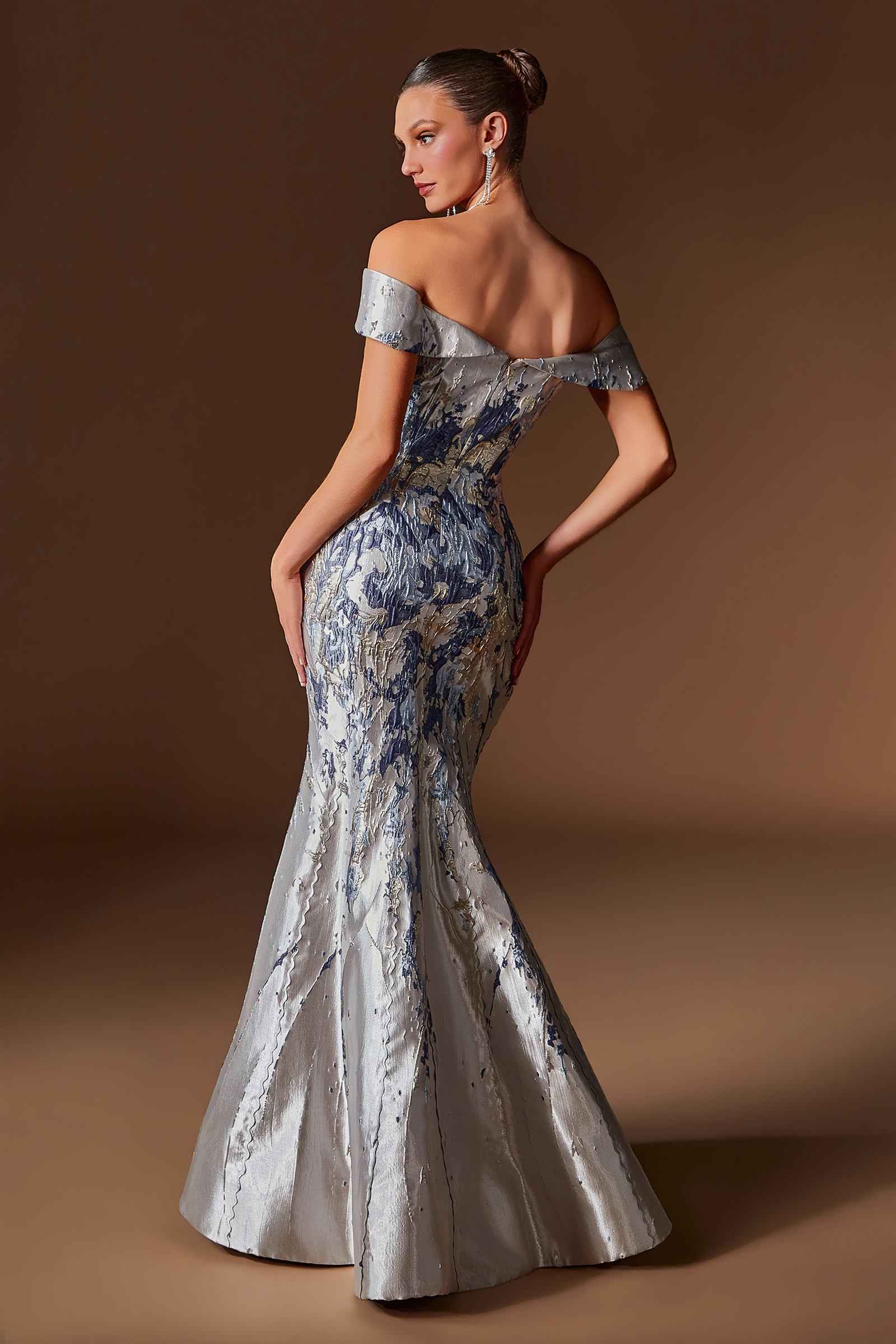 Metallic jacquard off-shoulder mermaid gown, flared hem, silver-blue shimmer