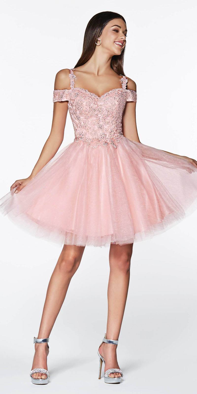 Blush pink off-shoulder glitter tulle A-line short dress