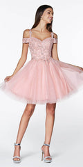 Blush pink off-shoulder glitter tulle A-line short dress