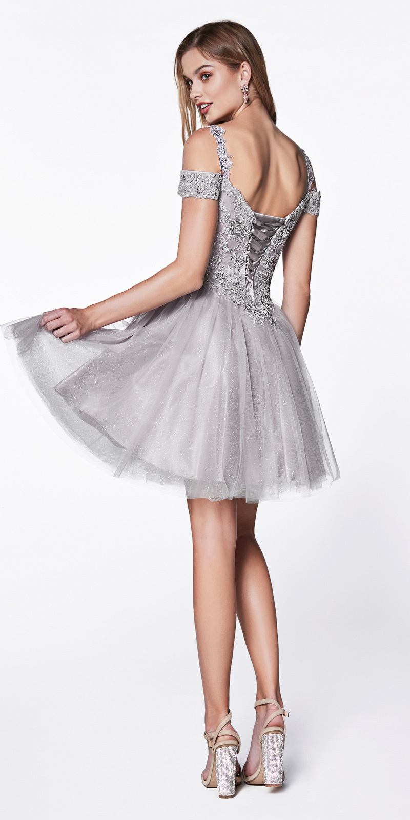 Silver off-shoulder short A-line dress, glitter bodice with flowing tulle skirt