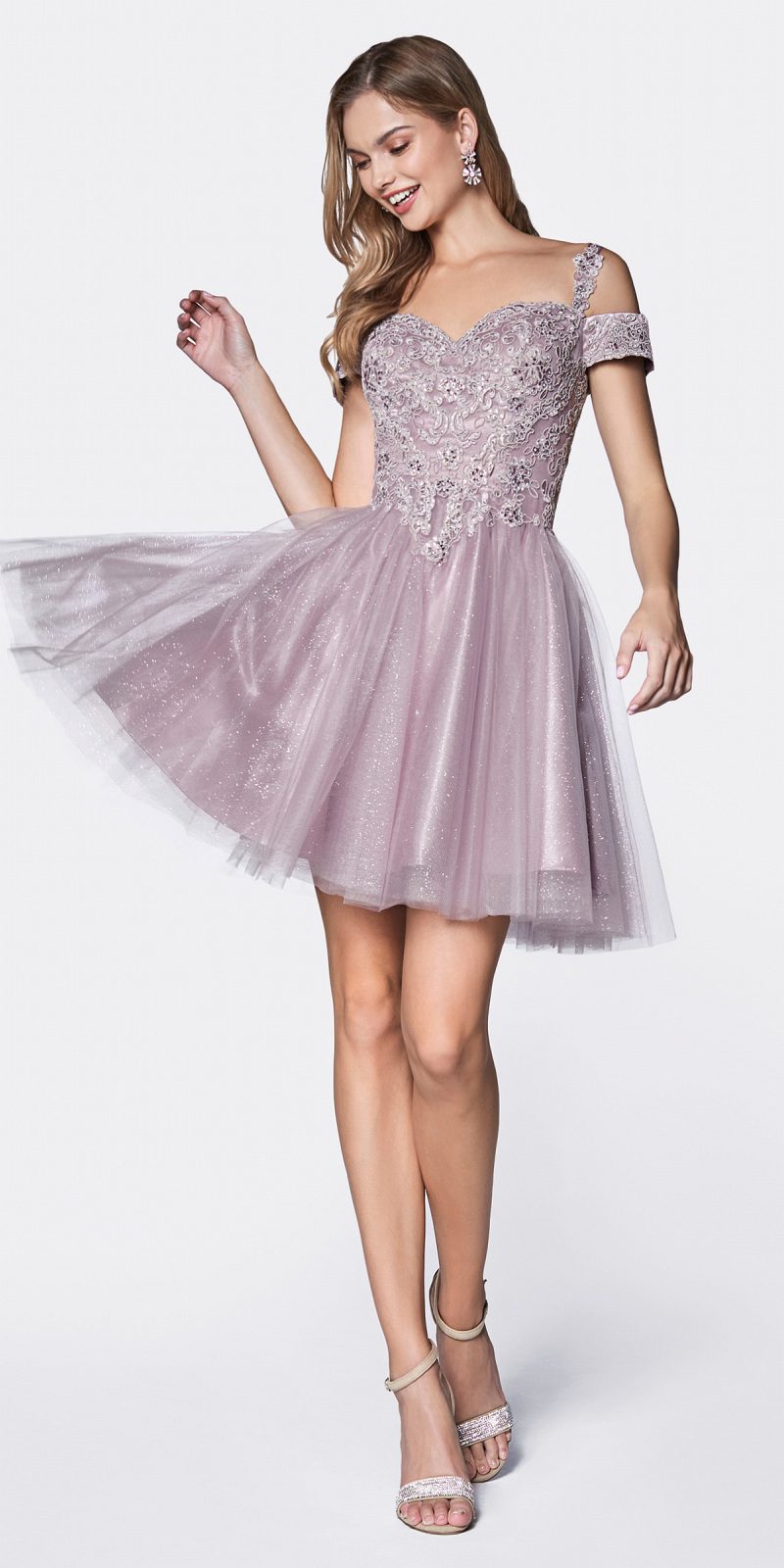 Mauve off-shoulder glitter tulle A-line mini dress