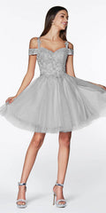 Silver off-shoulder short A-line dress with glitter bodice and tulle skirt