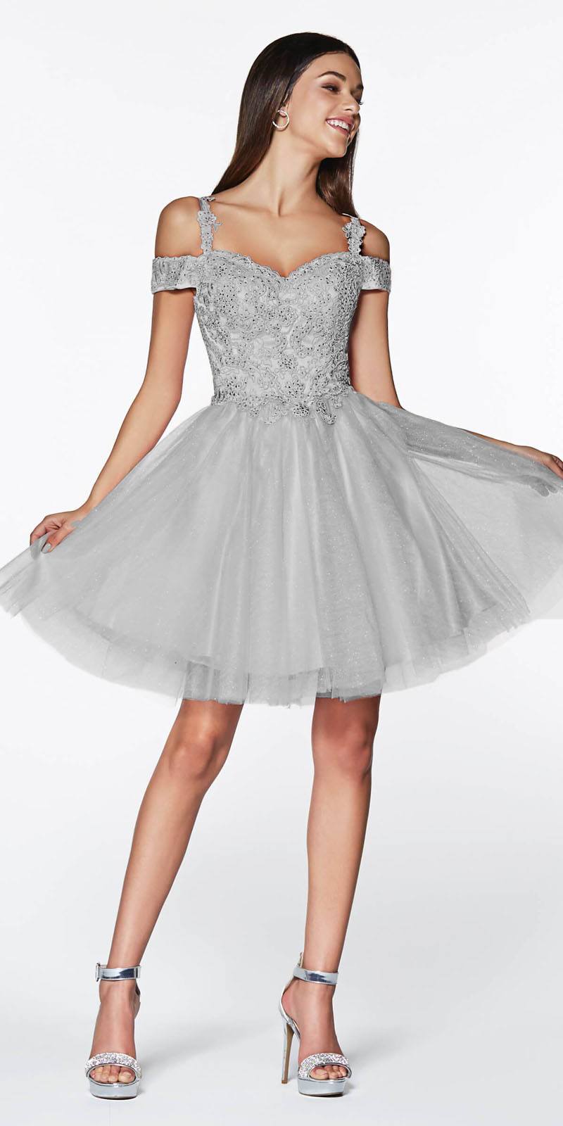 Silver off-shoulder short A-line dress with glitter bodice and tulle skirt