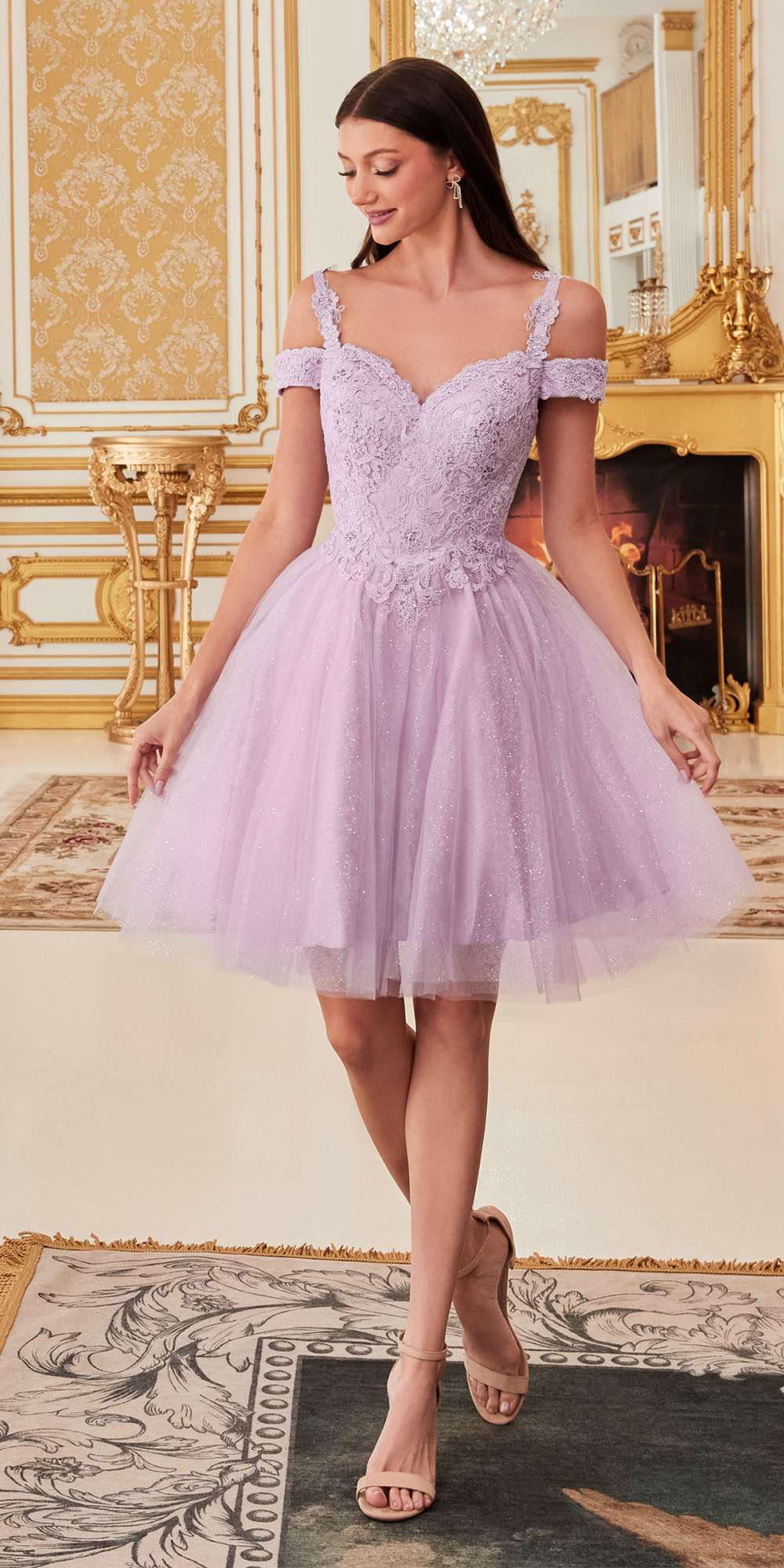 Lavender off-shoulder glitter tulle A-line short dress
