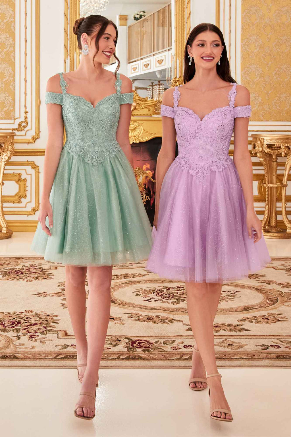 Sage green off-shoulder glitter tulle A-line short dress