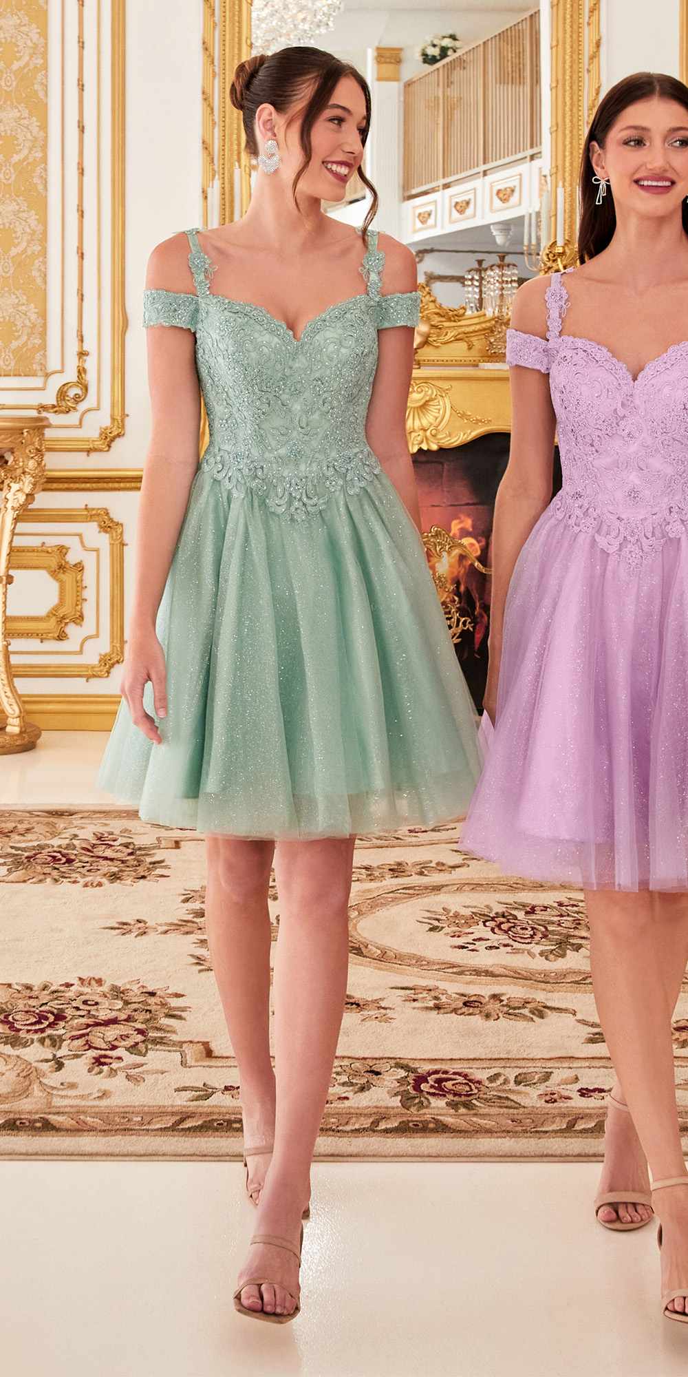 Sage green off-shoulder glitter tulle A-line mini dress, front view