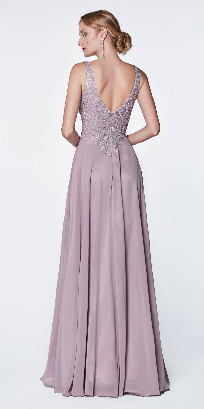 Light peach A-line chiffon floor-length gown with beaded V-back and gathered skirt