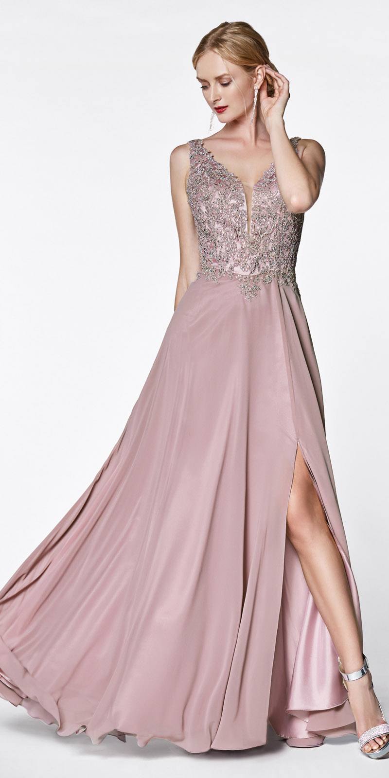 Light peach A-line chiffon floor-length gown with beaded V-neck bodice and long slit