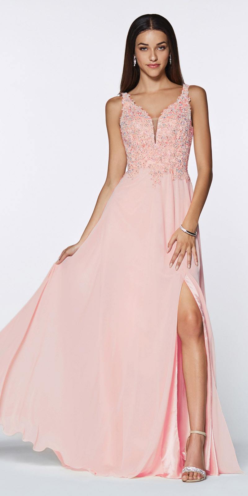 Light peach A-line chiffon floor-length gown with beaded V-neck bodice and slit