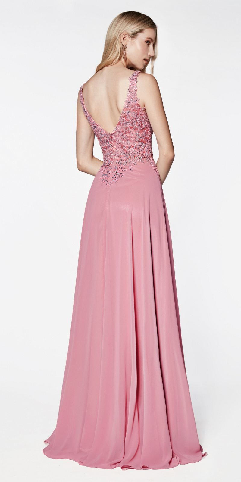 Light peach A-line chiffon floor-length gown, V-back with beaded bodice and slit
