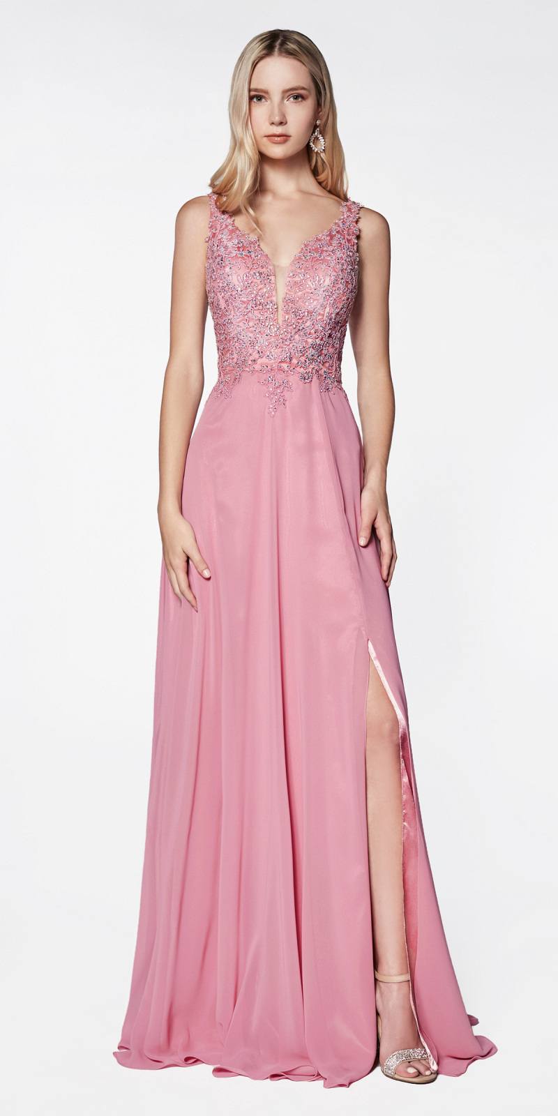 Light peach A-line chiffon floor-length gown with beaded V-neck bodice and side slit