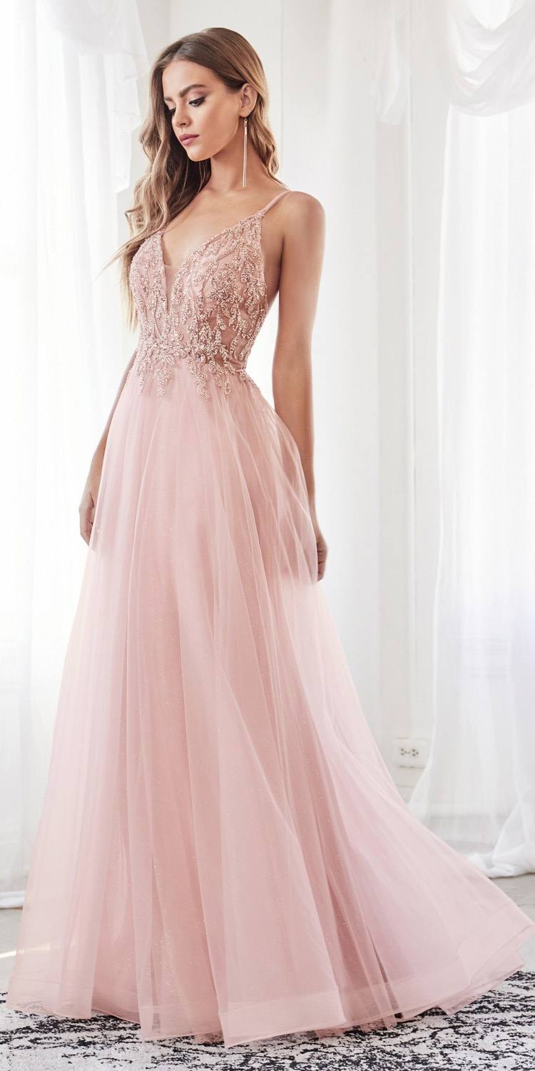 Blush pink long beaded dress with V-neck bodice and layered tulle skirt, spaghetti straps