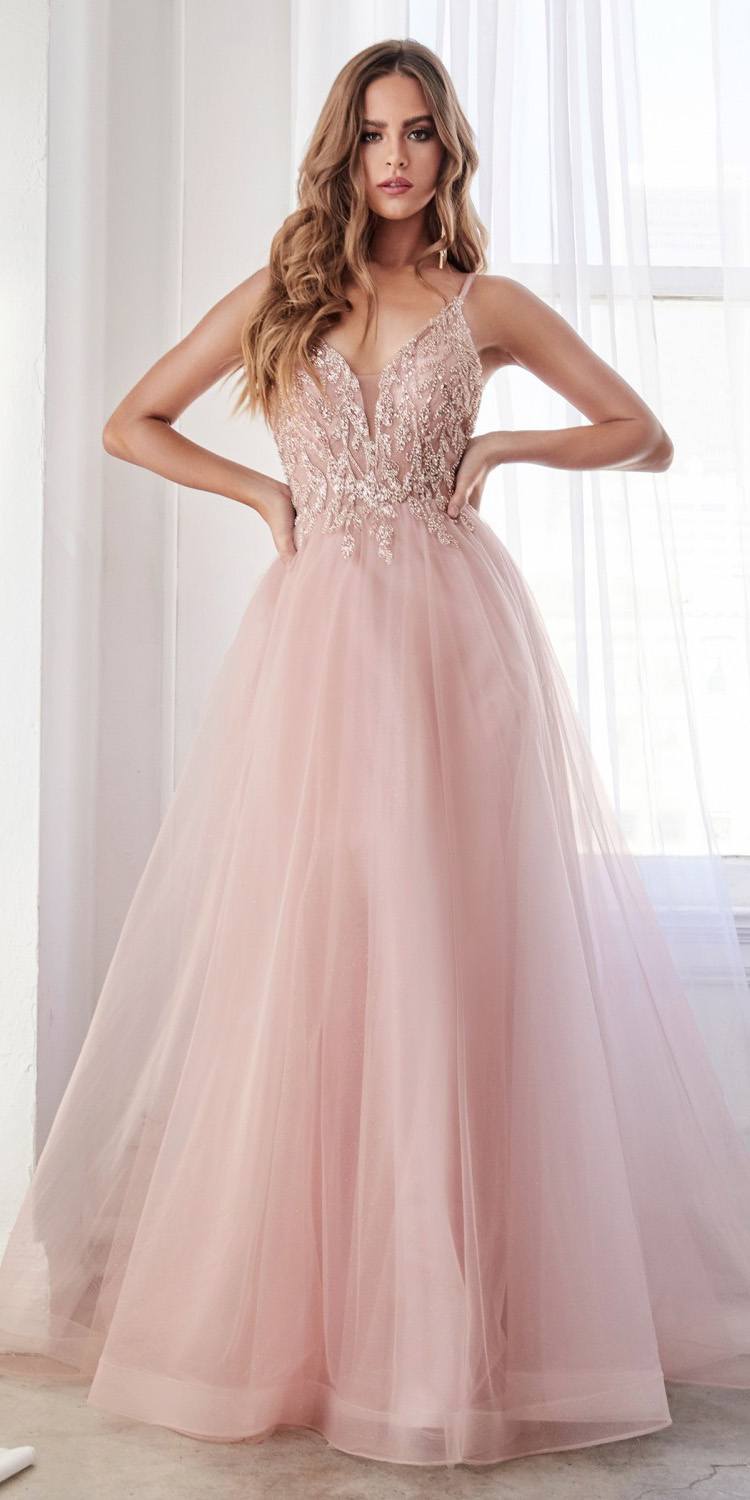 Blush pink long beaded dress with V-neck bodice and layered tulle skirt, thin straps