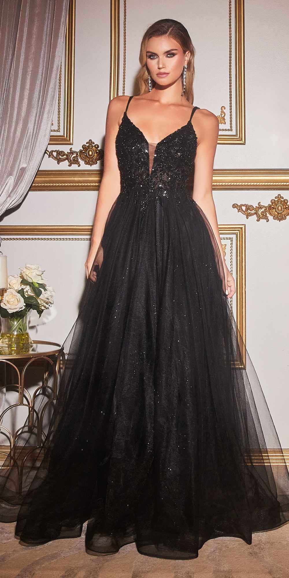 Black long dress with beaded applique bodice and layered tulle skirt, V-neck spaghetti straps