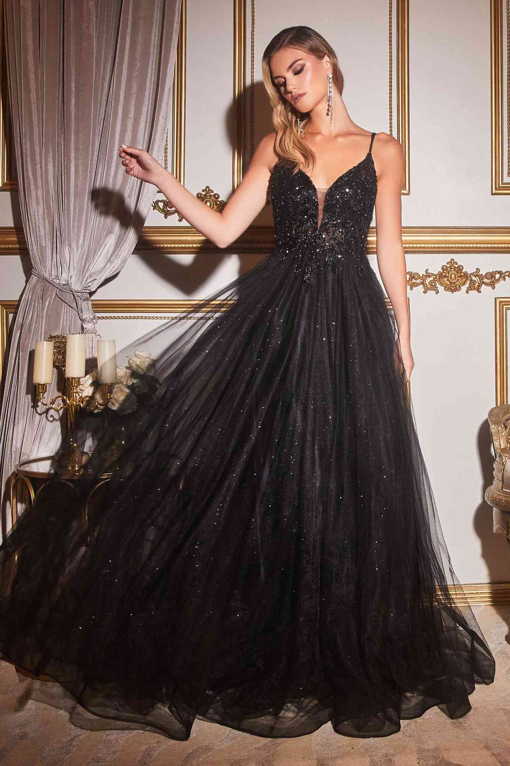 Black long tulle ballgown with beaded V-neck bodice, spaghetti straps, full layered skirt